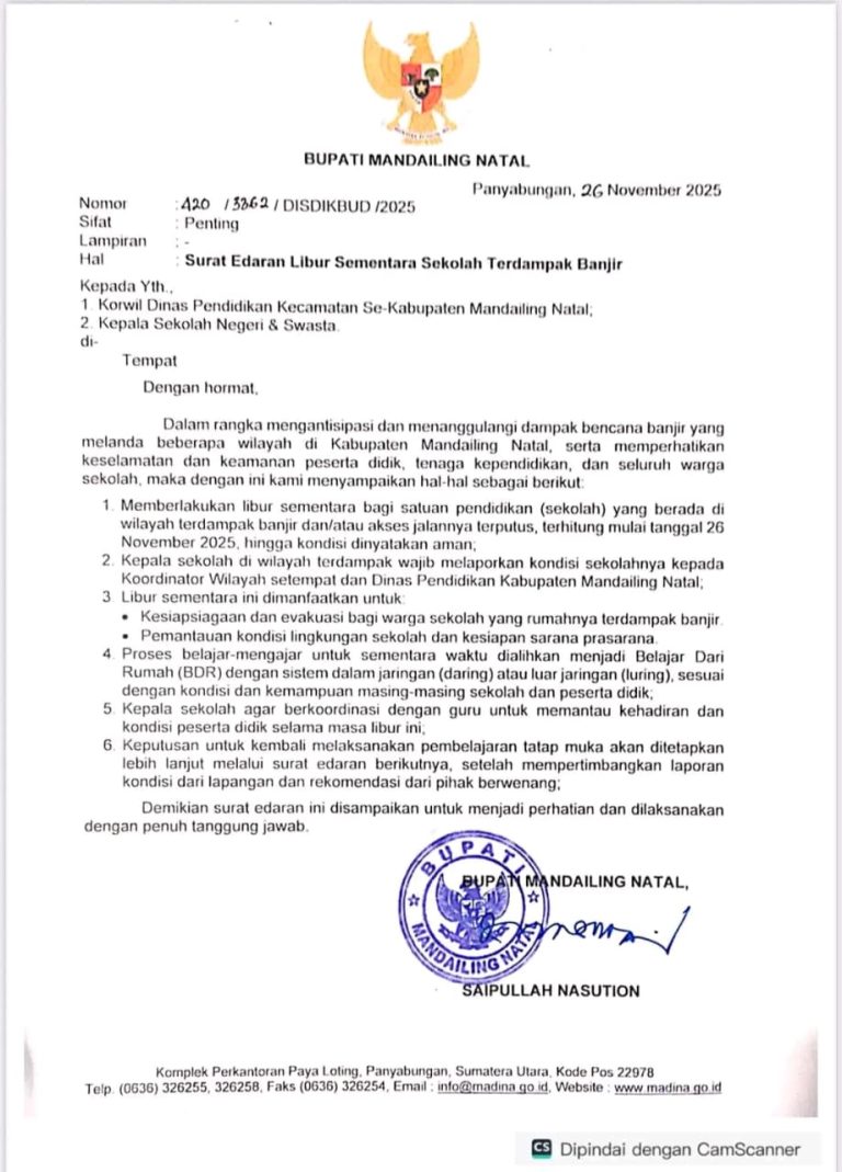 Madina Diserang Banjir & Longsor, Bupati Terbitkan SE Libur
