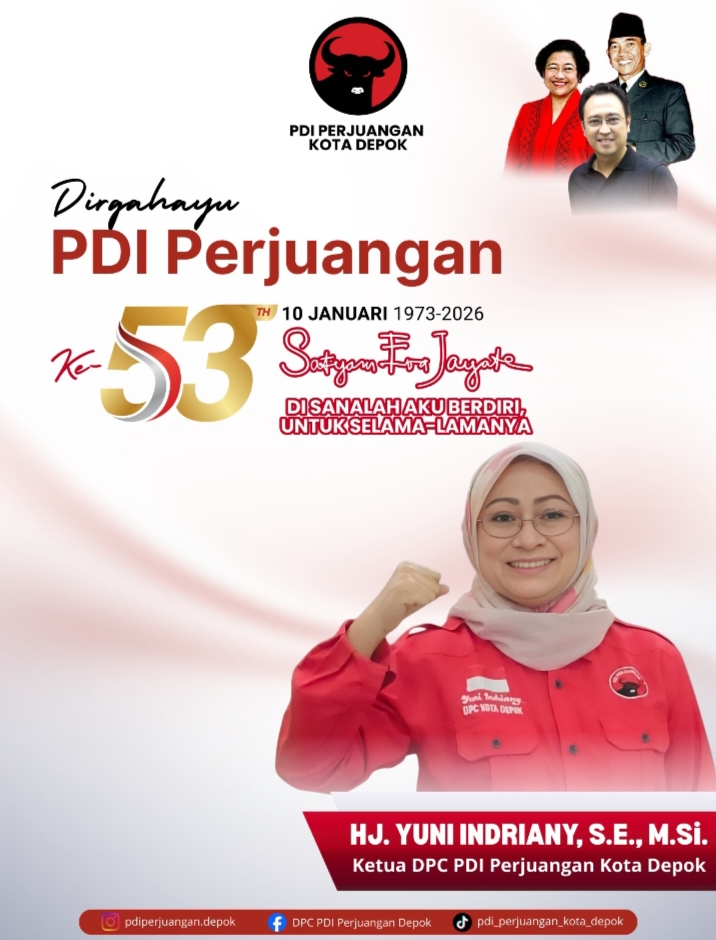 Ketua DPC PDIP Depok, Hj. Yuni Indriany mengucapkan HUT ke -53 PDI Perjuangan pada Sabtu (10/1/26).