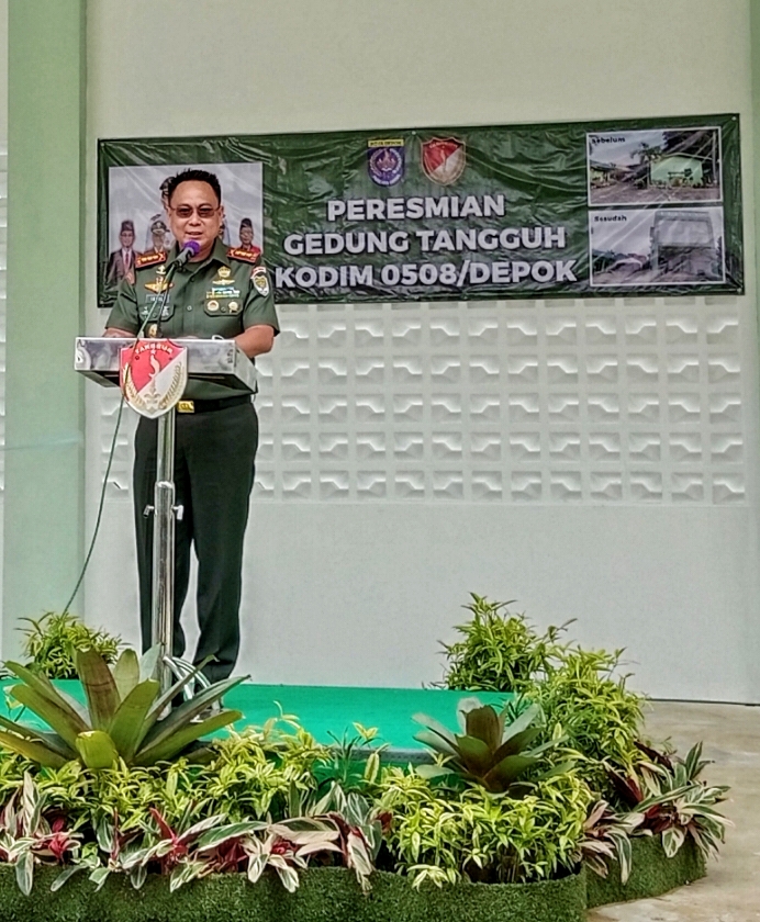 Komandan Kodim 0508/Depok, Letkol Inf Triano Iqbal, saat sambutan pada peresmian Gedung Tangguh Kodim 0508/Depok, Kamis (22/1/26).