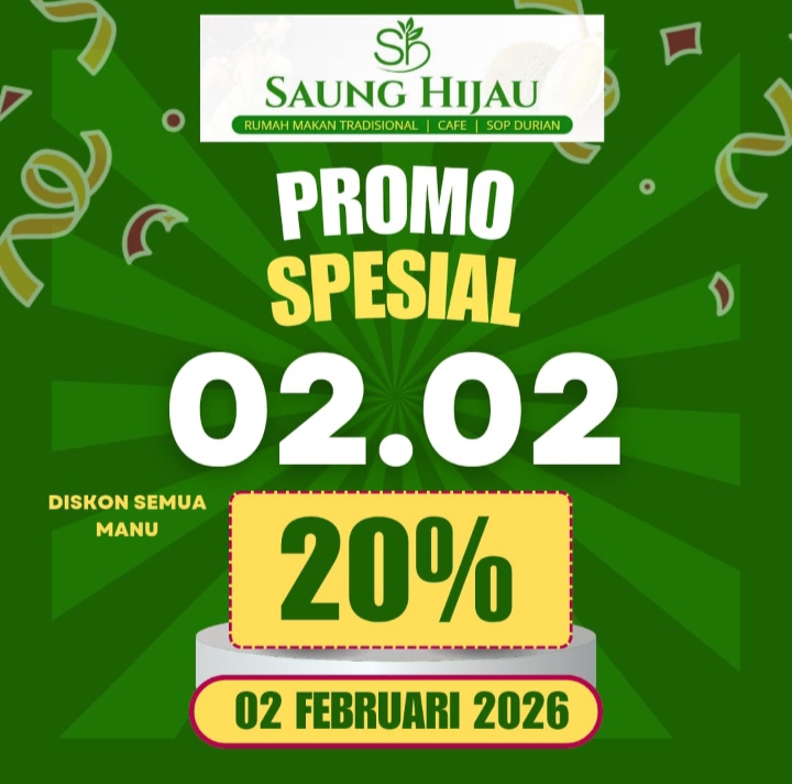 Promo diskon 20 persen untuk seluruh menu di Saung Hijau, Jalan Jabon RT 01 RW 02, Kelurahan Bedahan, Kecamatan Sawangan, Kota Depok.