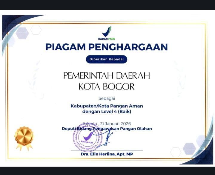 Pemerintah Kota Bogor berhasil meraih penghargaan Kabupaten/Kota Pangan Aman Tahun 2025 dengan predikat Level 4 (Baik) dari Badan Pengawas Obat dan Makanan (BPOM).